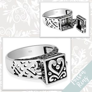 Artisan Vintage-Inspired Heart & Scroll Poison Ring, Sizes 6-8 (Silver, Black)